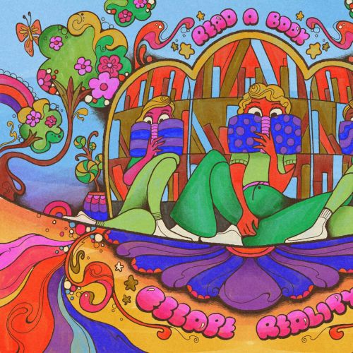 Psychedelic 60s style illustration of three women reading books in colorful fantasy landscape