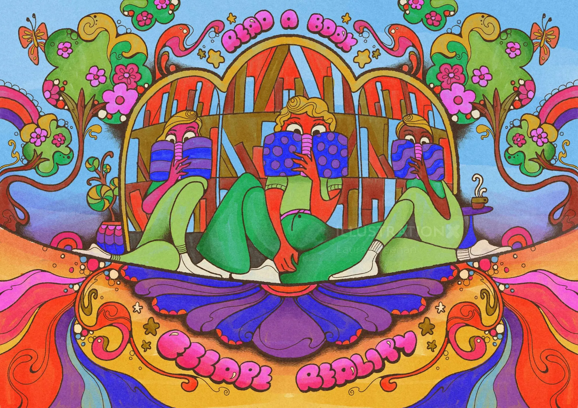 Psychedelic 60s style illustration of three women reading books in colorful fantasy landscape