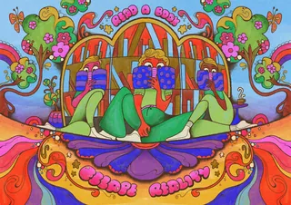 Psychedelic 60s style illustration of three women reading books in colorful fantasy landscape