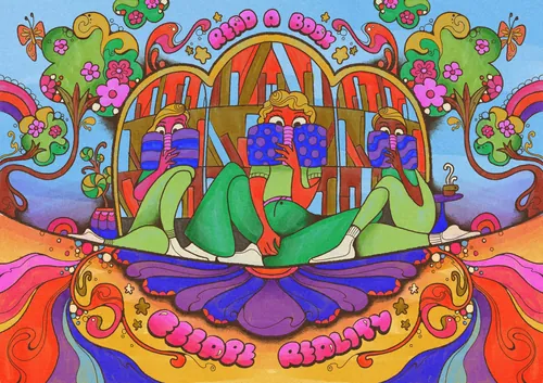 Psychedelic 60s style illustration of three women reading books in colorful fantasy landscape