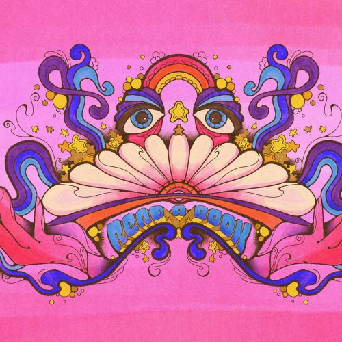 Psychedelic 60s style colorful illustration with hands, eyes, and stars