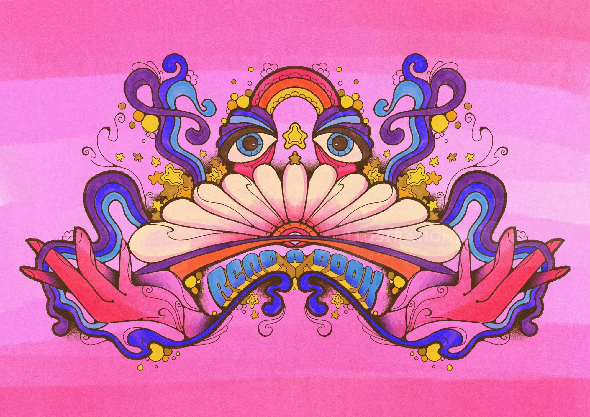 Farbenfrohe Illustration im psychedelischen Stil der 60er Jahre mit Händen, Augen und Sternen