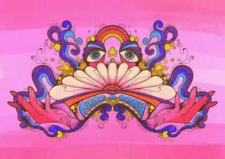 Psychedelic 60s style colorful illustration with hands, eyes, and stars