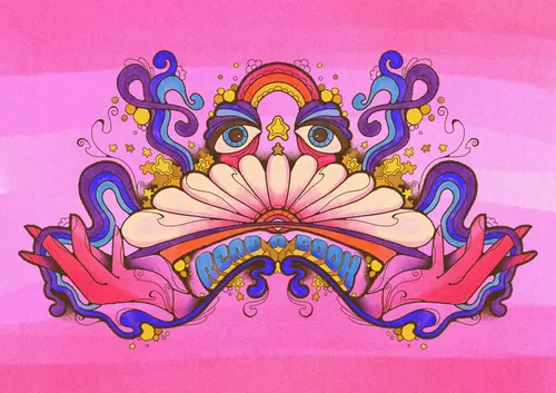 Psychedelic 60s style colorful illustration with hands, eyes, and stars