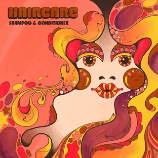 Psychedelic 1960s style woman with swirling colorful hair illustration