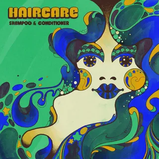 Psychedelic 1960s style illustration of woman with swirling colorful hair