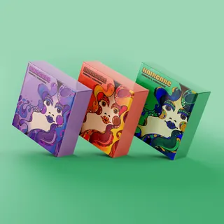 Colorful psychedelic 1960s style illustrated shampoo packaging boxes