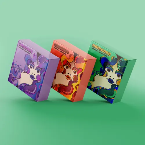 Colorful psychedelic 1960s style illustrated shampoo packaging boxes