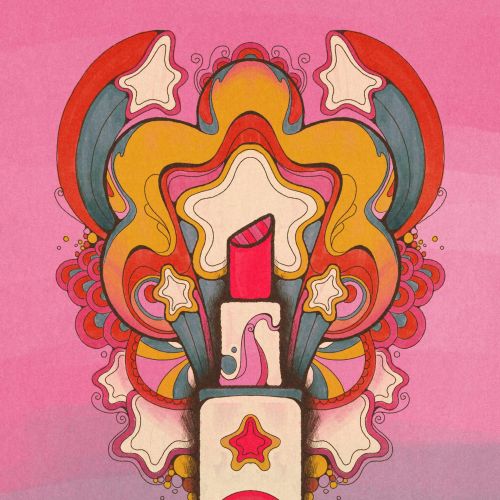 Psychedelic 1960s style lipstick illustration with stars and colorful swirls