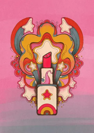 Psychedelic 1960s style lipstick illustration with stars and colorful swirls