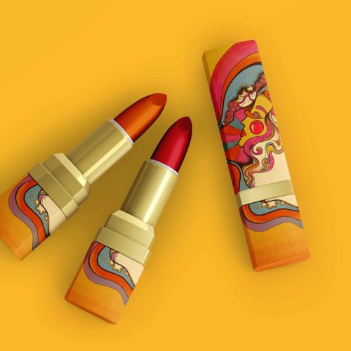 Two colorful lipsticks and vibrant packaging with retro psychedelic design