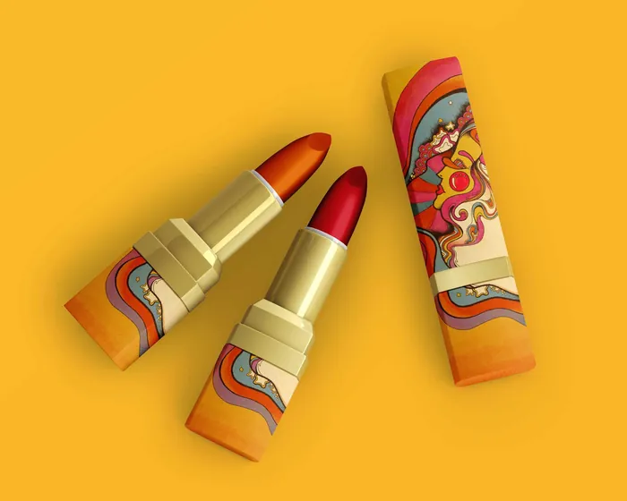 Two colorful lipsticks and vibrant packaging with retro psychedelic design