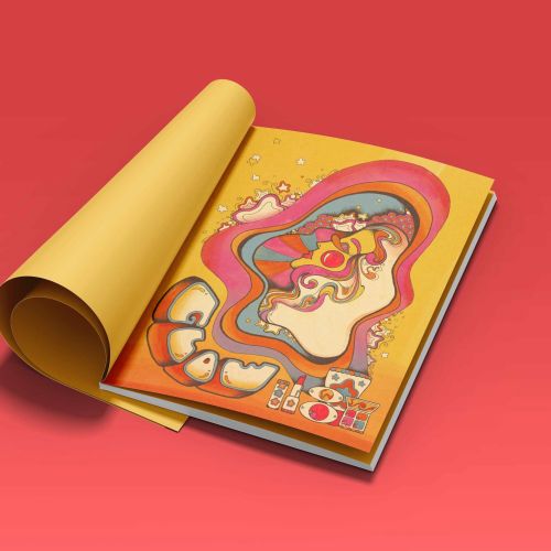 Illustrated 1960s style woman with flowing hair and stars in magazine