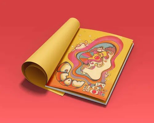 Illustrated 1960s style woman with flowing hair and stars in magazine