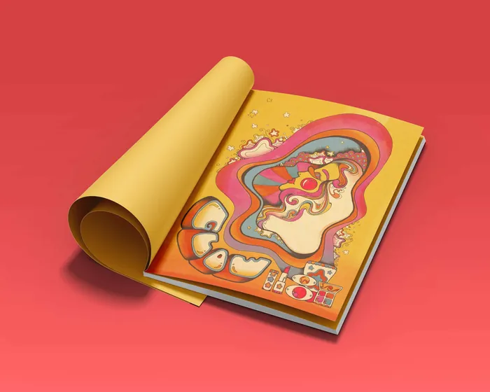 Illustrated 1960s style woman with flowing hair and stars in magazine