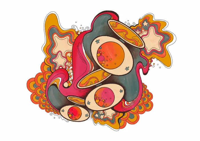 Psychedelic 1960s-style illustration with cosmetic compacts and swirling stars