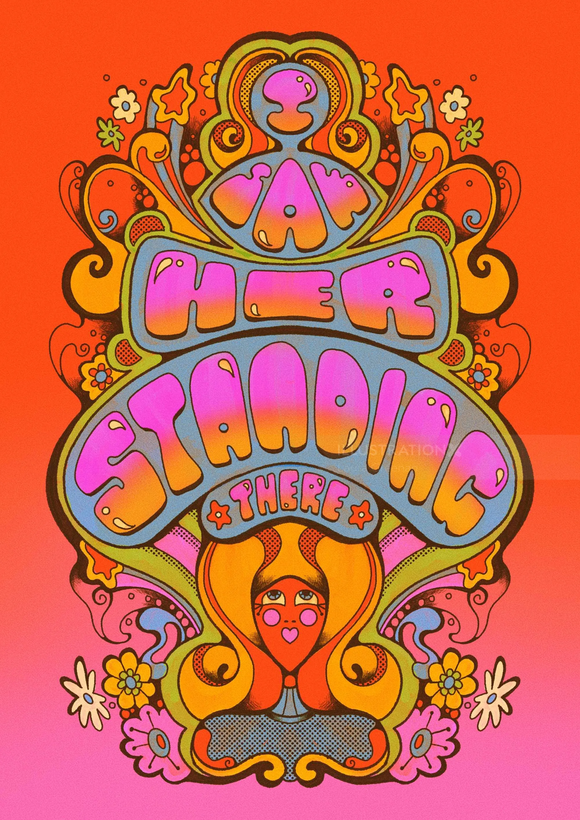 Psychedelic 1960s style illustration of Beatles song by Laura Greenan