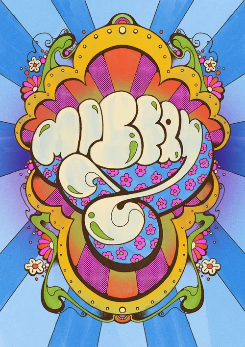 Colorful 1960s style psychedelic Beatles 'Misery' lettering by Laura Greenan