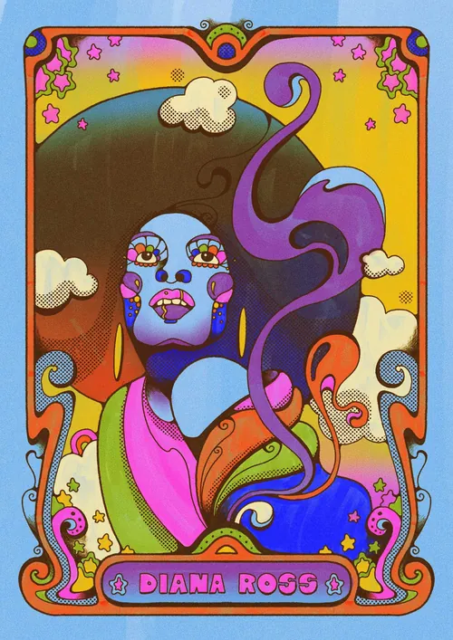 Psychedelic portrait of Diana Ross with colorful 1960s style, by Laura Greenan