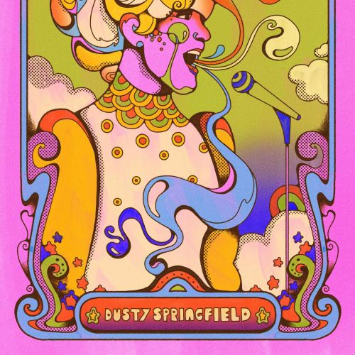 Psychedelic portrait of Dusty Springfield with colorful swirling shapes by Laura Greenan