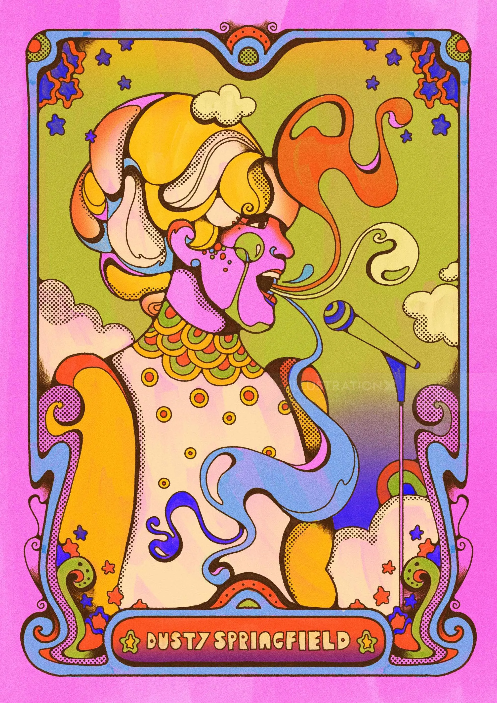 Portrait psychédélique de Dusty Springfield avec des formes tourbillonnantes colorées par Laura Greenan