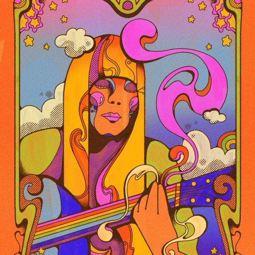 Colorful psychedelic portrait of Joni Mitchell playing guitar, by Laura Greenan