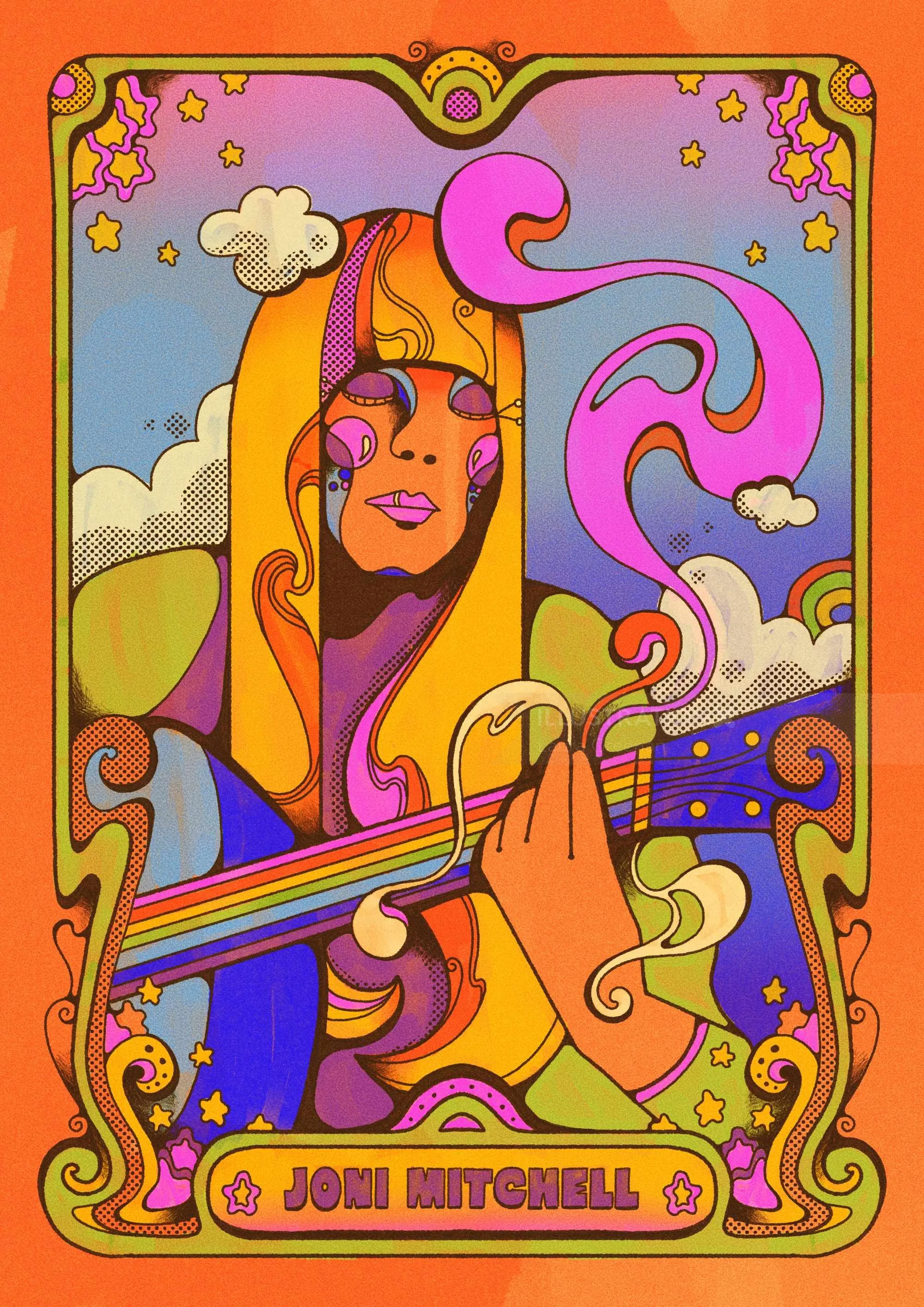 Colorful psychedelic portrait of Joni Mitchell playing guitar, by Laura Greenan
