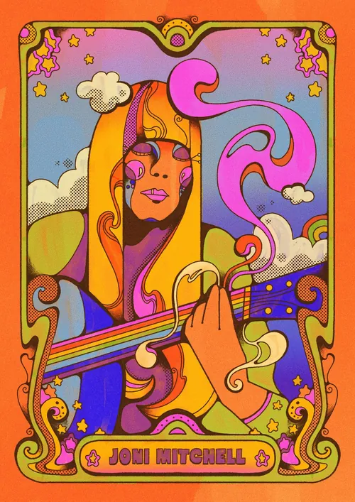 Colorful psychedelic portrait of Joni Mitchell playing guitar, by Laura Greenan