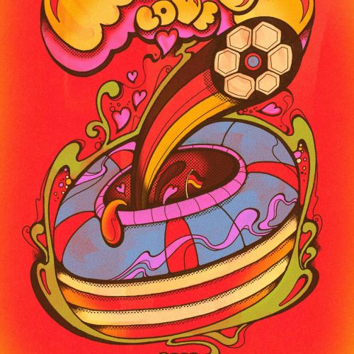 Psychedelic Munich football stadium with hearts and swirls by Laura Greenan