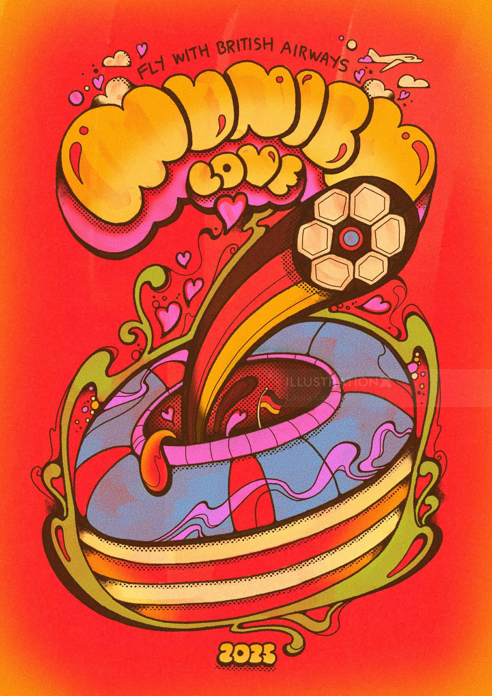 Psychedelic Munich football stadium with hearts and swirls by Laura Greenan