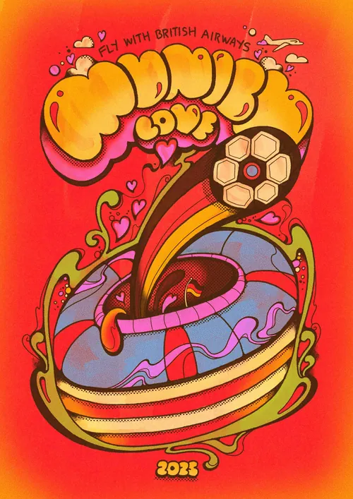 Psychedelic Munich football stadium with hearts and swirls by Laura Greenan