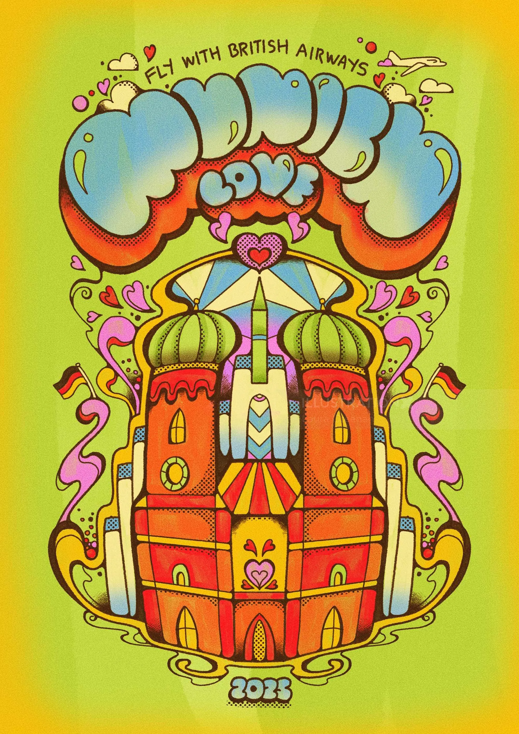 Psychedelic Munich Frauenkirche travel illustration by Laura Greenan