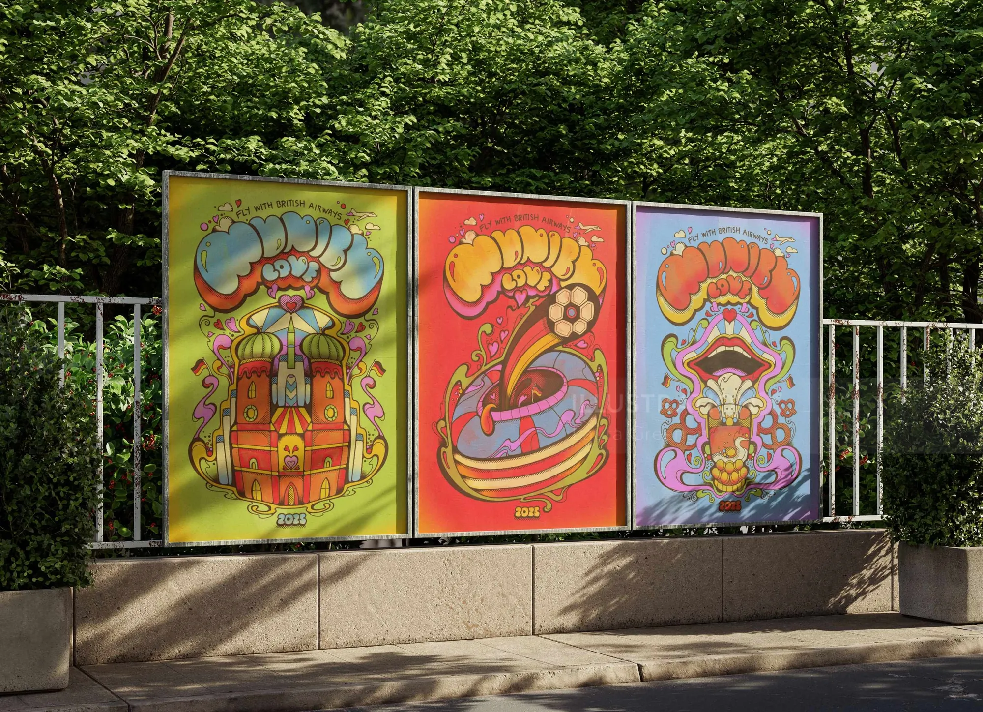 Psychedelic 1960s style travel posters advertising Munich by Laura Greenan