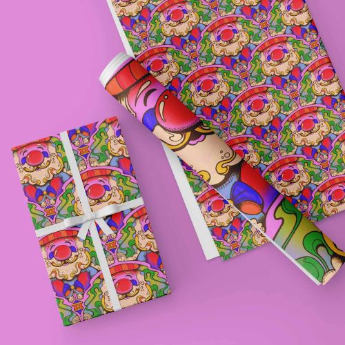 1960s style Santa Claus wrapping paper with swirly trees by Laura Greenan