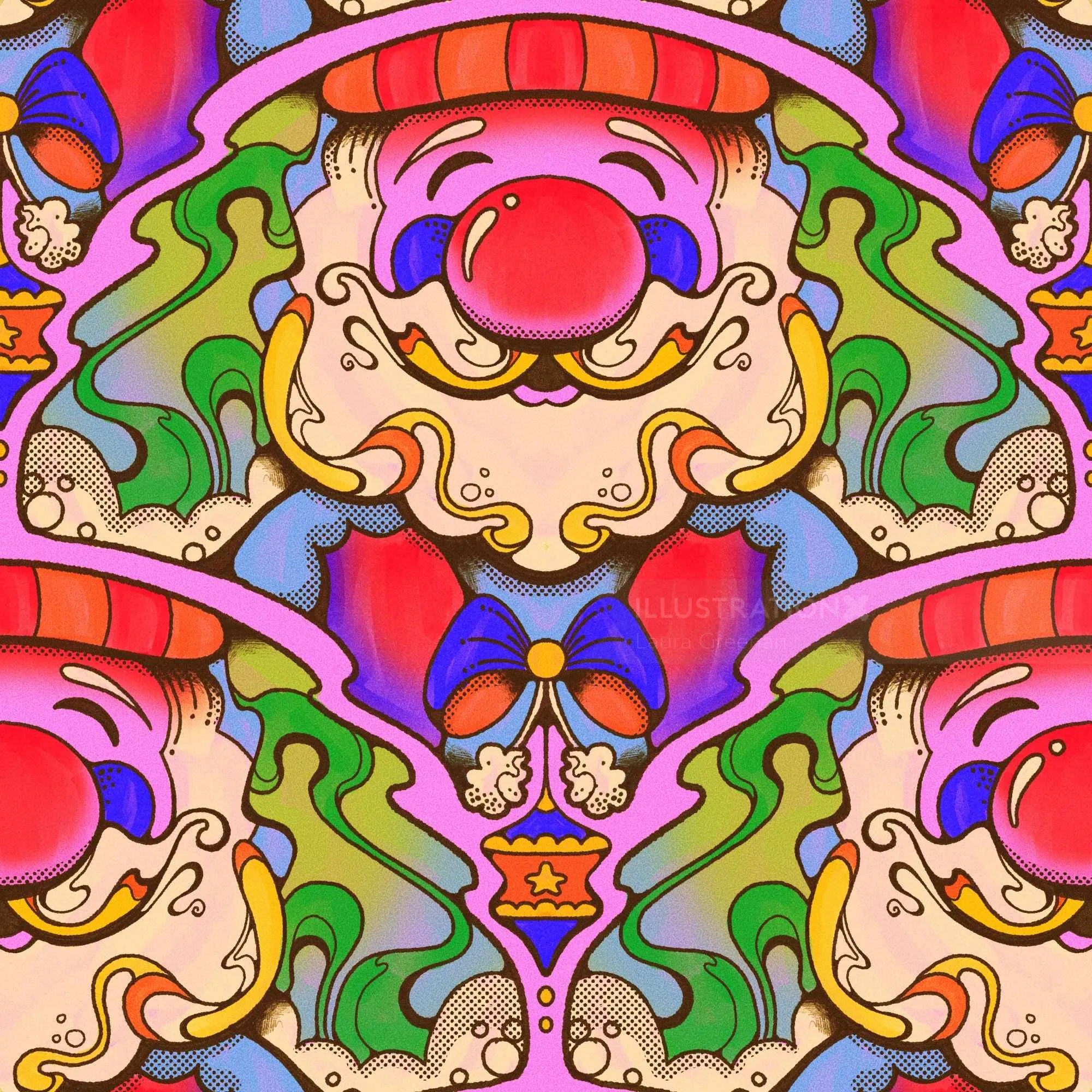 Cabeça de Papai Noel psicodélica com design colorido no estilo dos anos 1960 por Laura Greenan