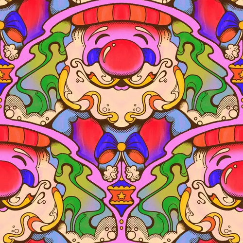 Psychedelic Santa Claus head with colorful 1960s style design by Laura Greenan