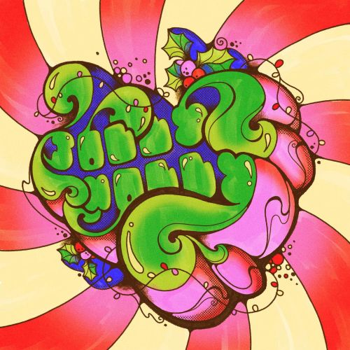 Psychedelic Jolly Holly Christmas typography with holly and swirls by Laura Greenan