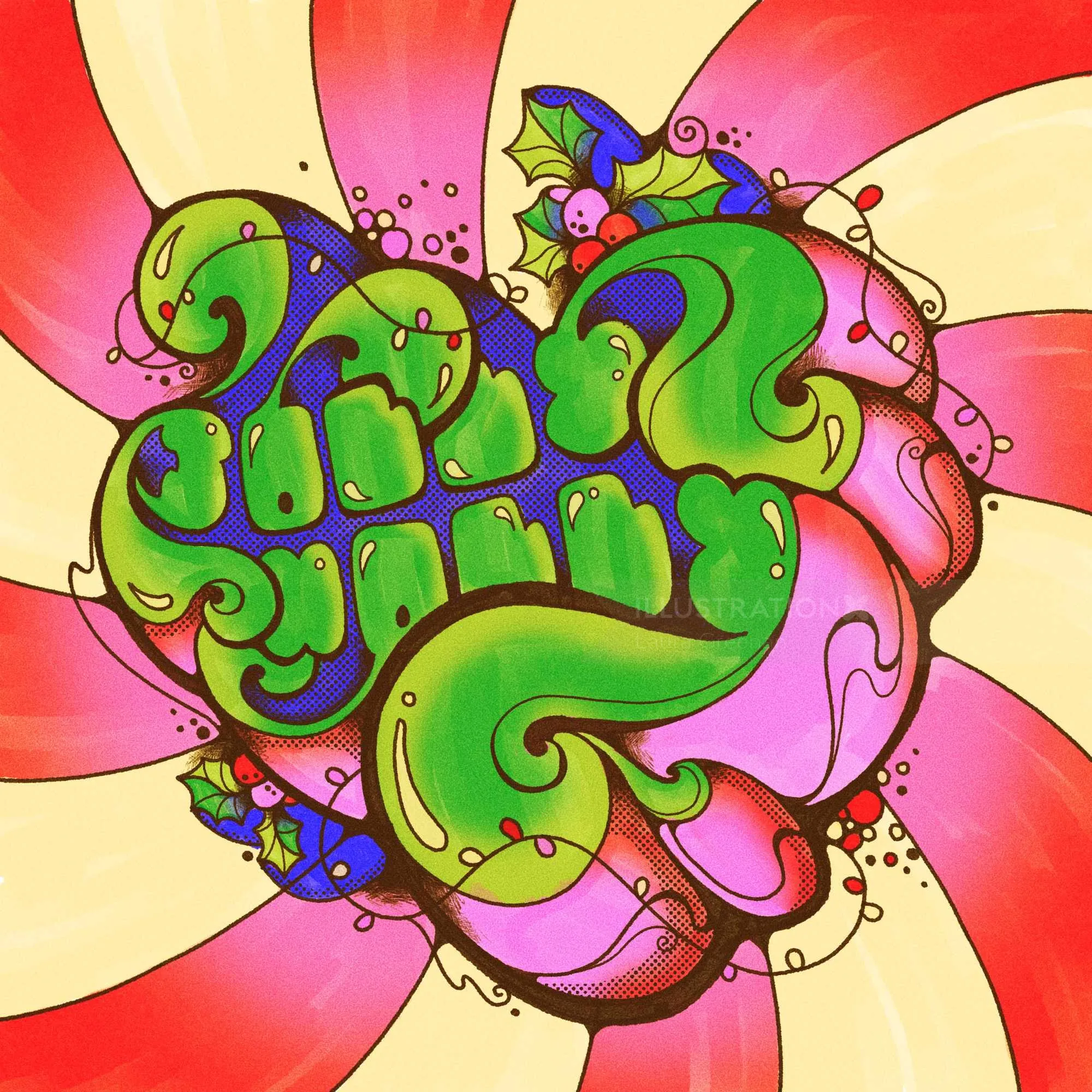 Psychedelische, fröhliche Weihnachtstypografie mit Stechpalmenzweigen und Schnörkeln von Laura Greenan