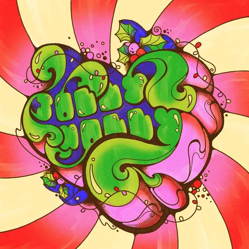 Psychedelic Jolly Holly Christmas typography with holly and swirls by Laura Greenan