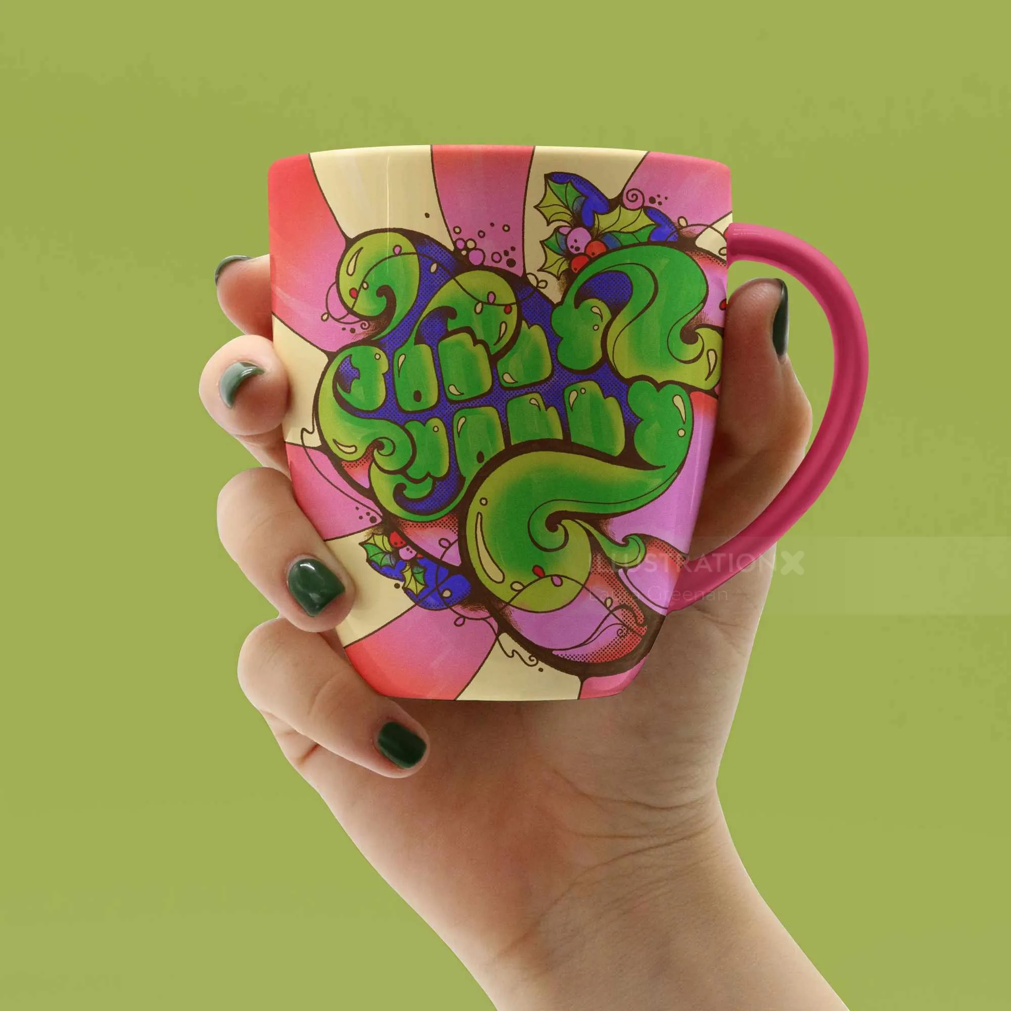 Hand hält farbenfrohen Becher im Stil der 1960er Jahre mit Jolly Holly-Motiv von Laura Greenan