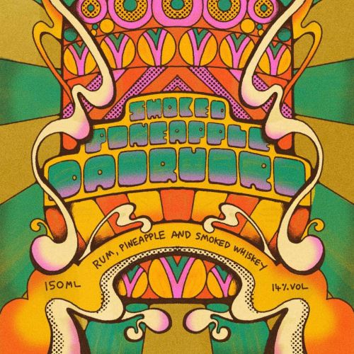 Colorful psychedelic seltzer label design by Laura Greenan