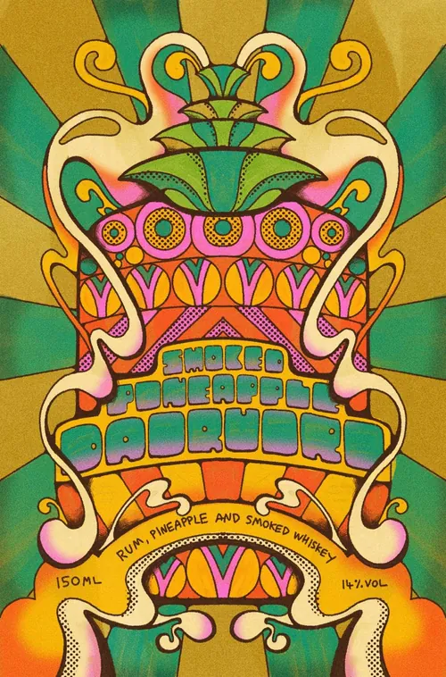 Colorful psychedelic seltzer label design by Laura Greenan
