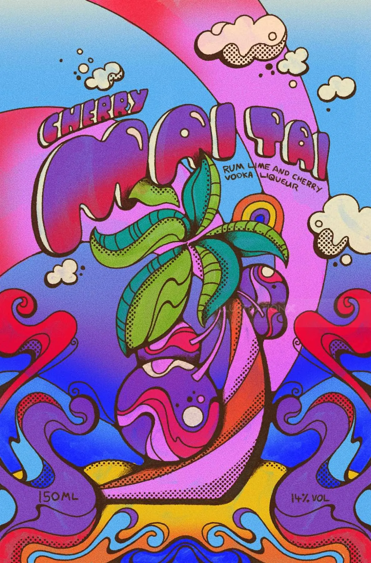Psychedelisches tropisches Gesicht mit Palmenblättern und wirbelnden Mustern von Laura Greenan