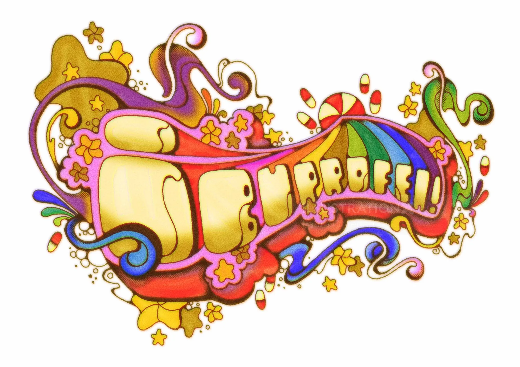 Colorful psychedelic typography with swirling shapes by Laura Greenan