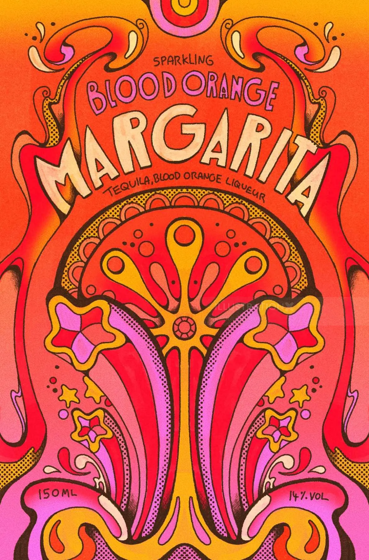 Colorful psychedelic blood orange margarita label by Laura Greenan