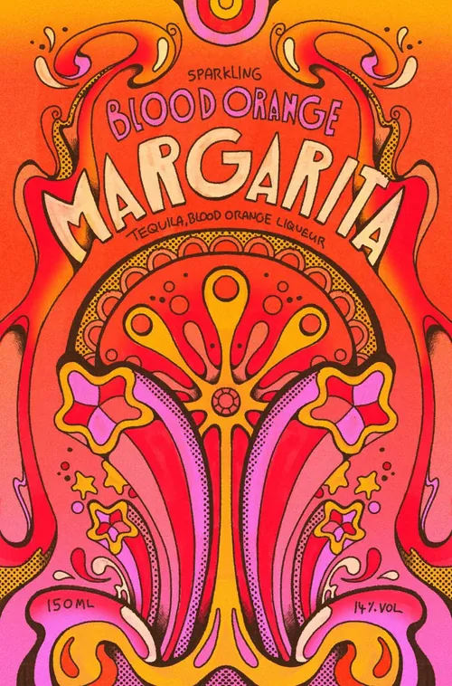 Colorful psychedelic blood orange margarita label by Laura Greenan