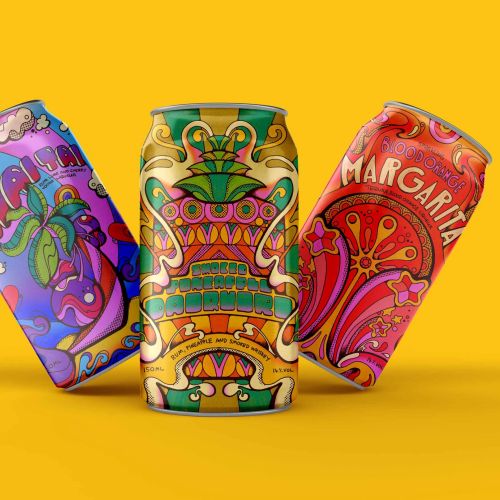 Colorful tropical beverage cans with artistic designs by Laura Greenan