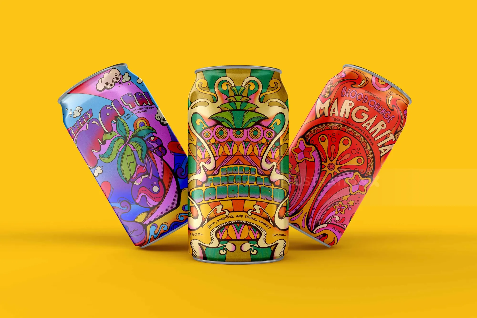 Colorful tropical beverage cans with artistic designs by Laura Greenan