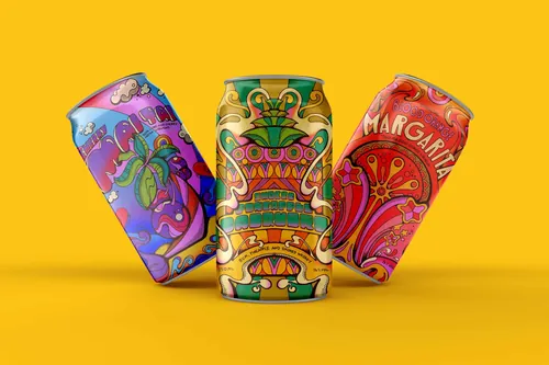 Colorful tropical beverage cans with artistic designs by Laura Greenan
