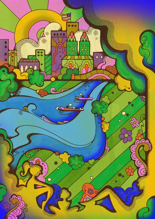 Colorful psychedelic Central Park summer scene by Laura Greenan